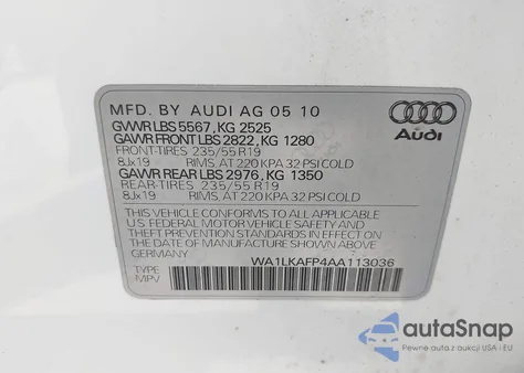 2010 Audi Q5 3.2 Premium from USA, damaged, VIN WA1LKAFP4AA113036